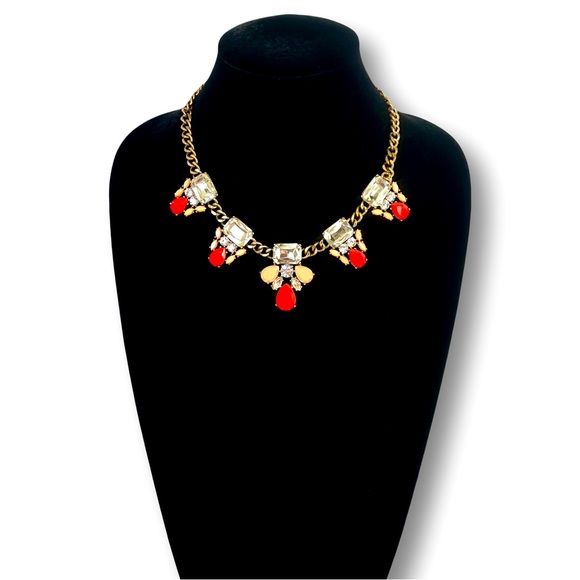 J. Crew Jewelry - J. CREW Red & Orange Brass Statement Necklace with Crystal Accents